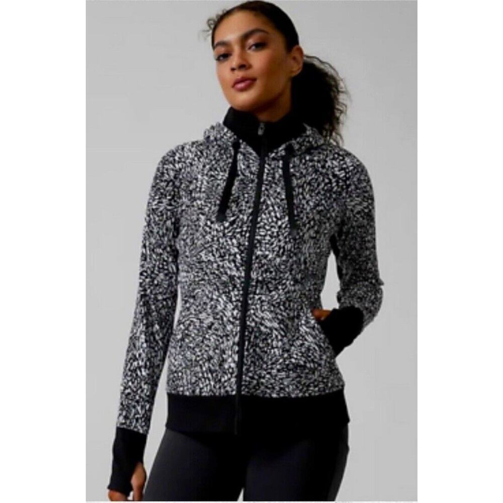 Athleta Triumph Printed Hoodie Black White Windstorm Sz L Full Zip Jacket